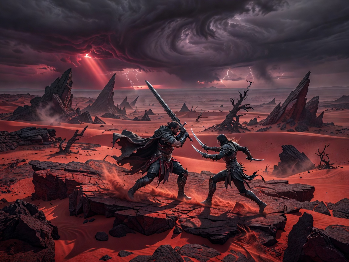 Crimson Desert dark fantasy combat scene and open world environment
