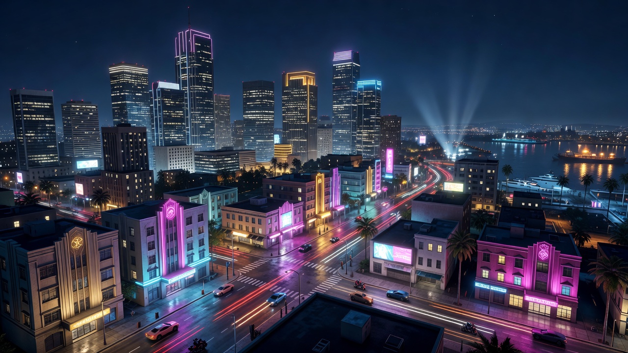 GTA VI Vice City high resolution cityscape showcasing ambient dynamic night lights